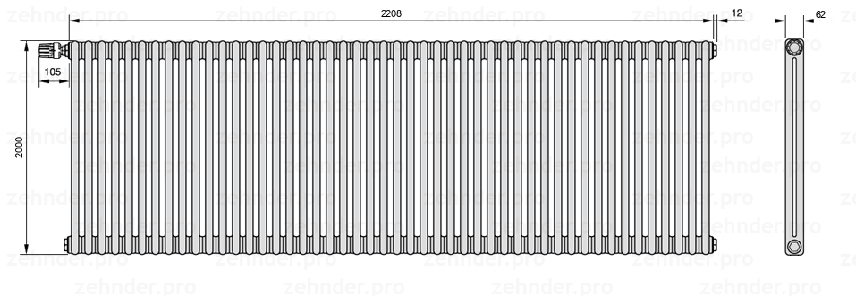 Схема (чертеж) Радиатор Zehnder Charleston 2200/48 №V012 Белый глянцевый RAL 9016